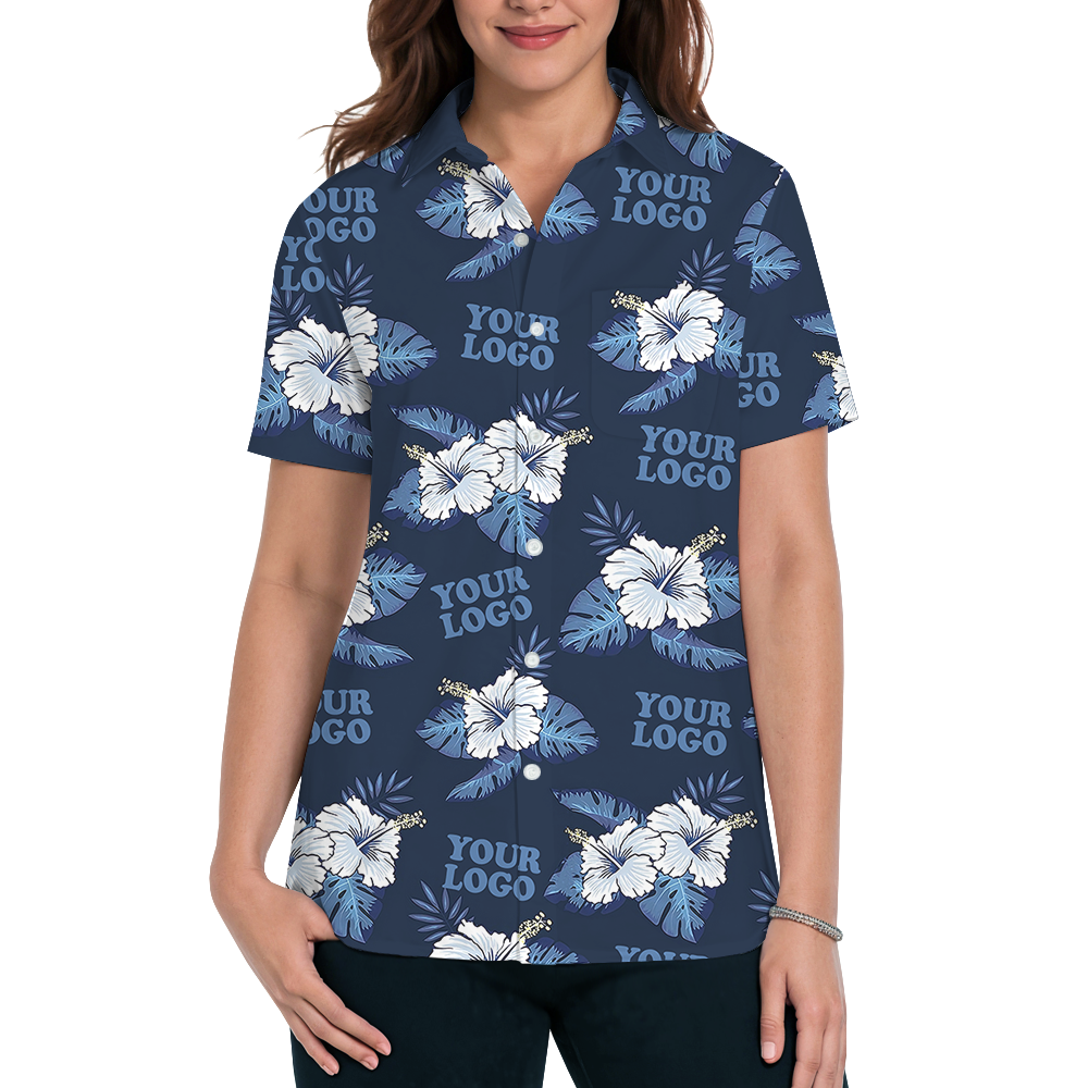 Custom Logo Blue Hawaiian Shirt With Hibiscus Pattern