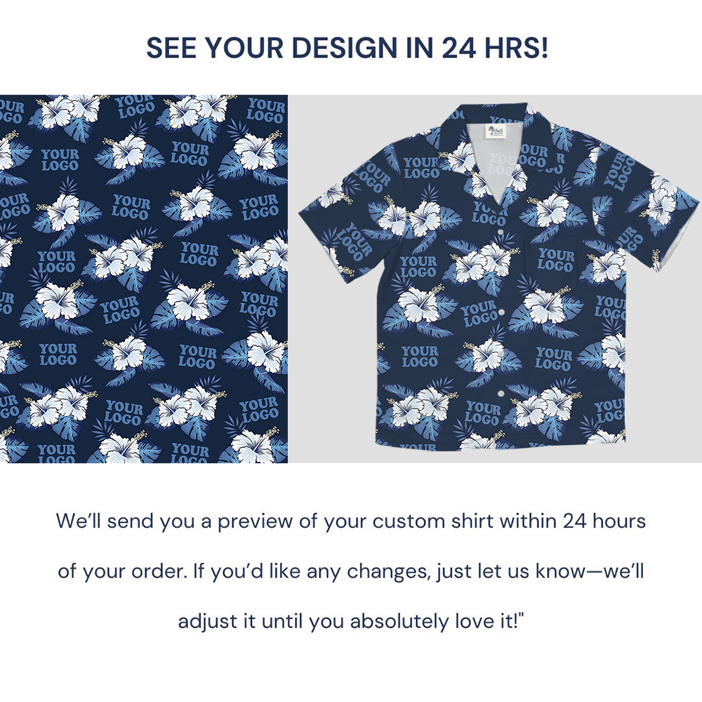 Custom Logo Blue Hawaiian Shirt With Hibiscus Pattern