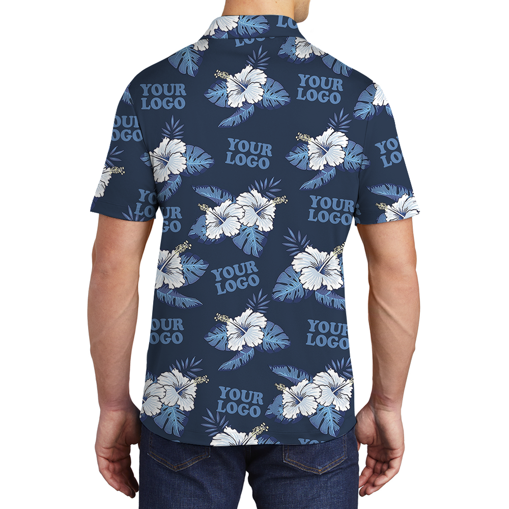 Custom Logo Blue Polo Shirt With Hibiscus Pattern