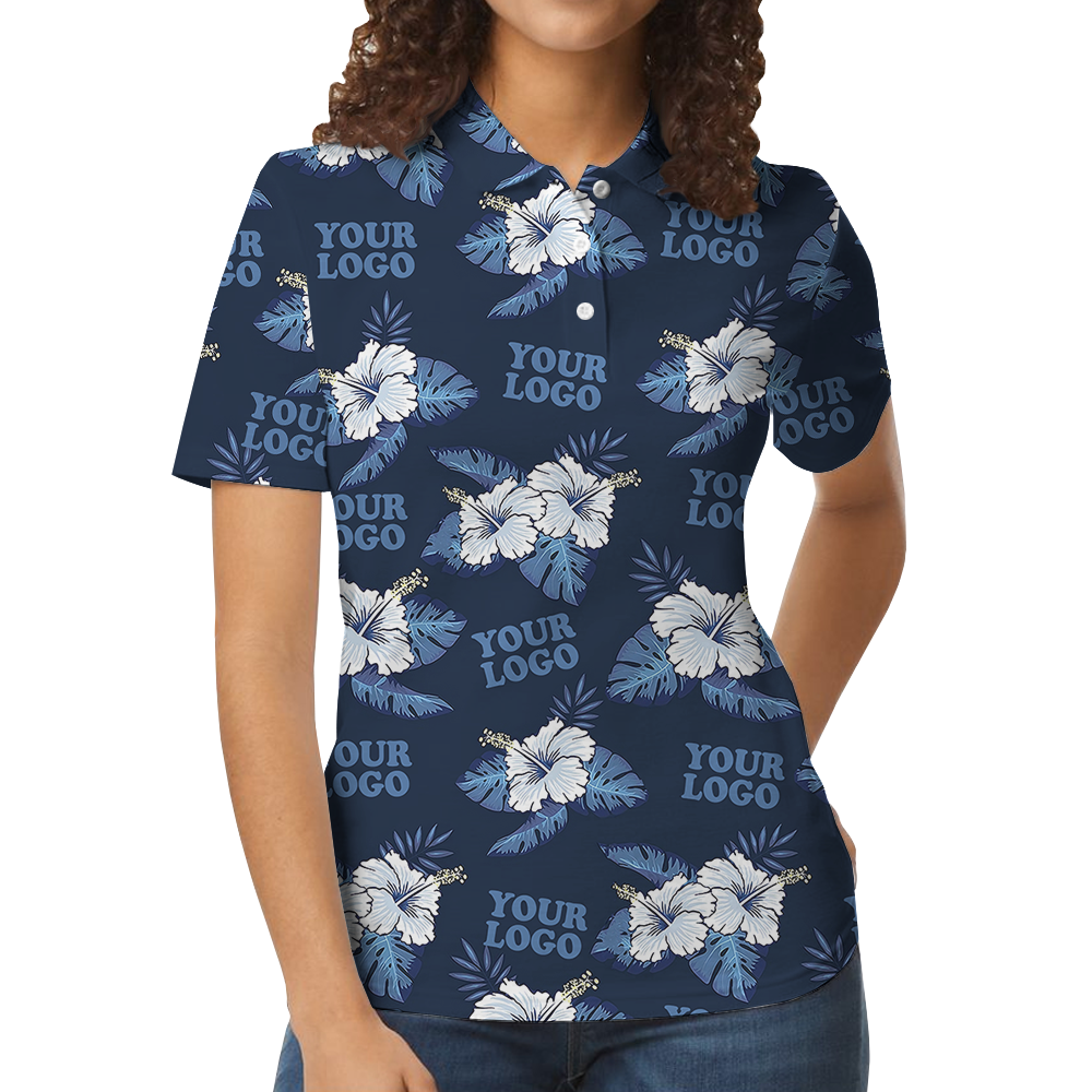 Custom Logo Blue Polo Shirt With Hibiscus Pattern