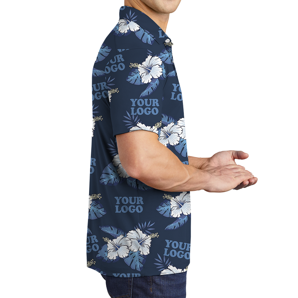 Custom Logo Blue Polo Shirt With Hibiscus Pattern