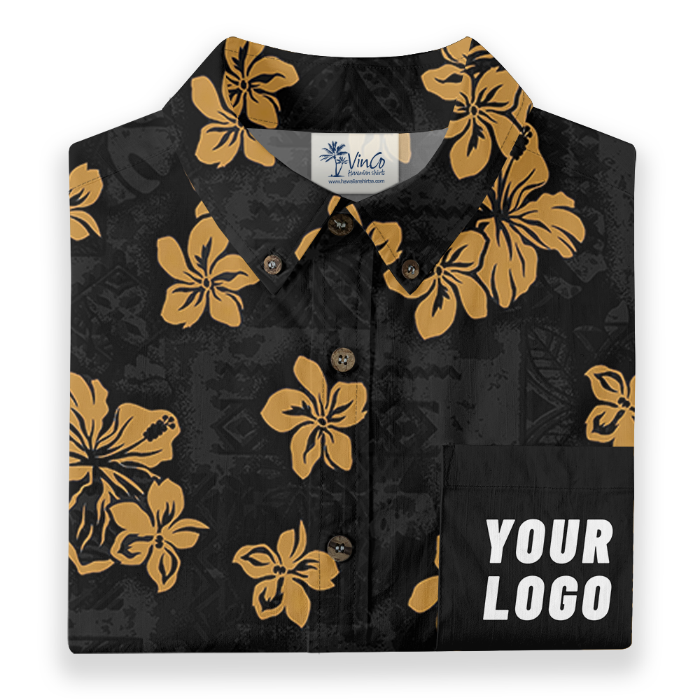 Black Hibiscus Custom Logo Chest Pocket Button Down Shirt