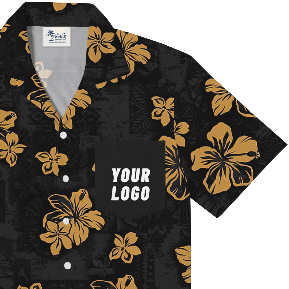 Custom Logo Pocket Hawaiian Shirt in Black Floral Print