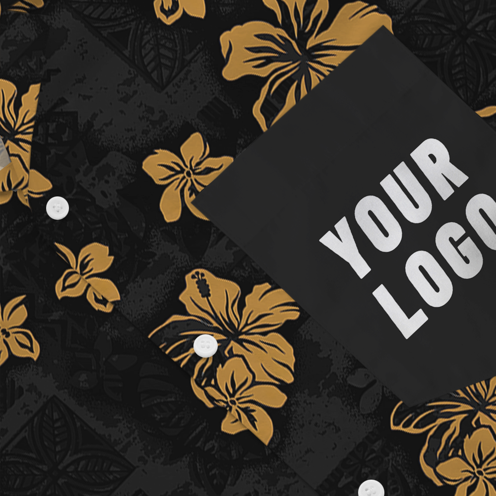 Custom Logo Pocket Hawaiian Shirt in Black Floral Print