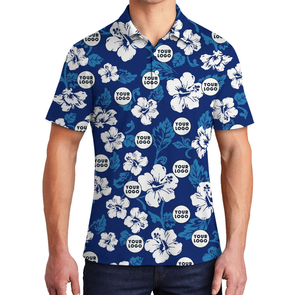 [Live Preview] Blue Hawaiian Button Up Shirt With Custom Logo - variant image 1