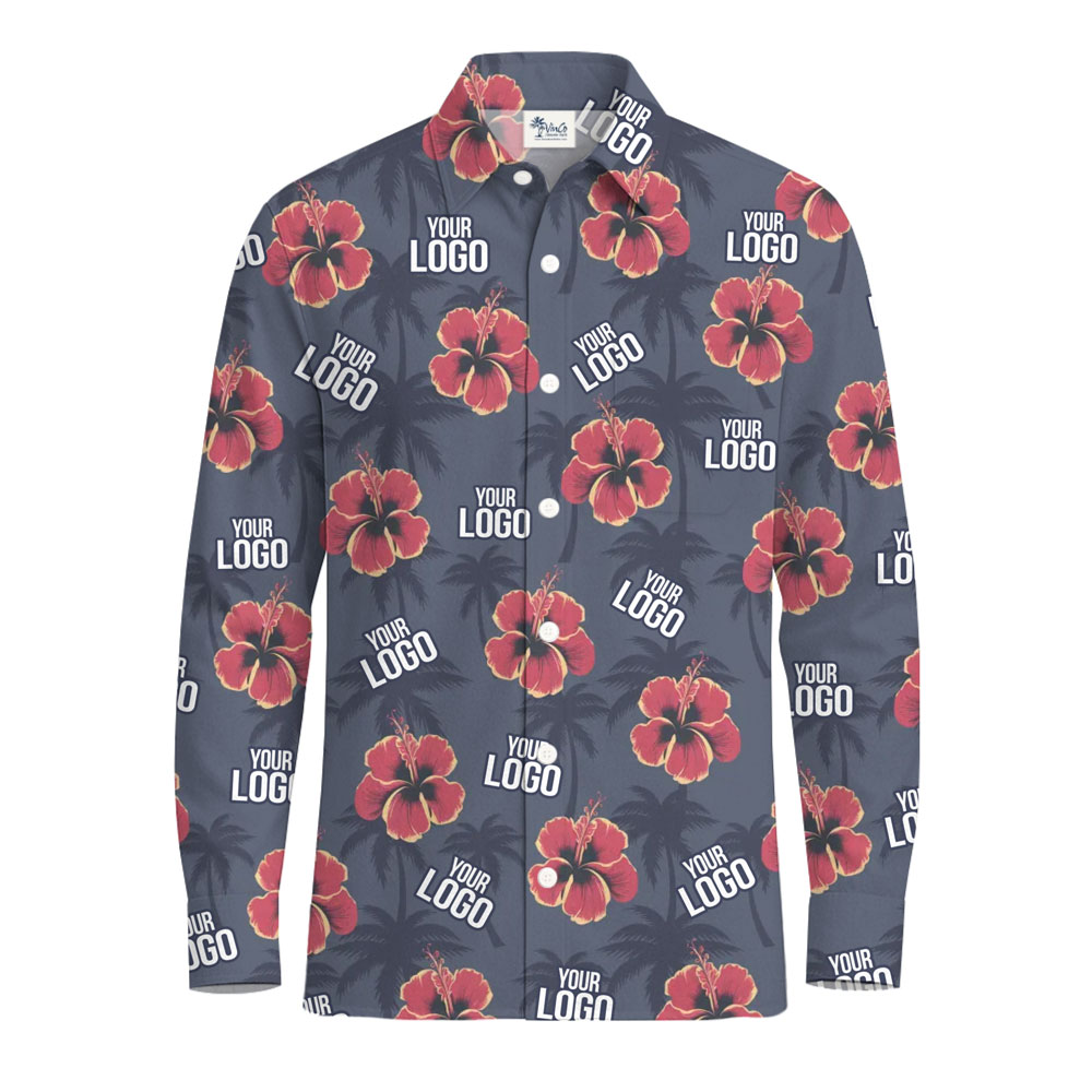[Live Preview] Custom Logo Hibiscus And Palm Tree Print Long Sleeve Shirts - variant image 1