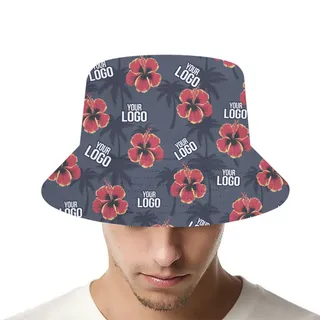 [Live Preview] Custom Logo Hibiscus And Palm Tree Print Bucket Hat