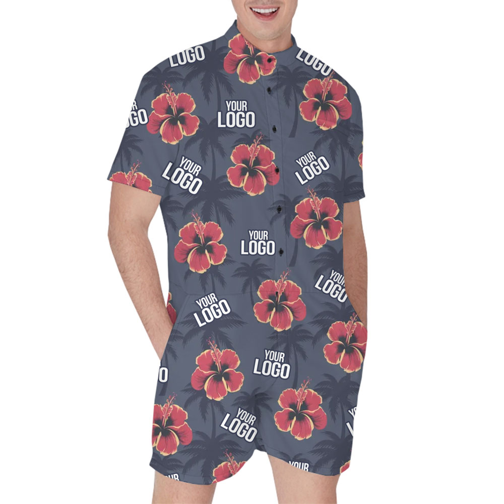 [Live Preview]Custom Logo Hibiscus And Palm Tree Print Romper - variant image 1