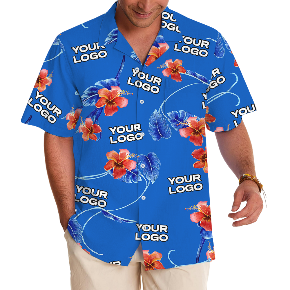 Blue Custom Logo Red Hibiscus Hawaiian Shirt - variant image 1