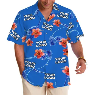 Blue Custom Logo Red Hibiscus Hawaiian Shirt