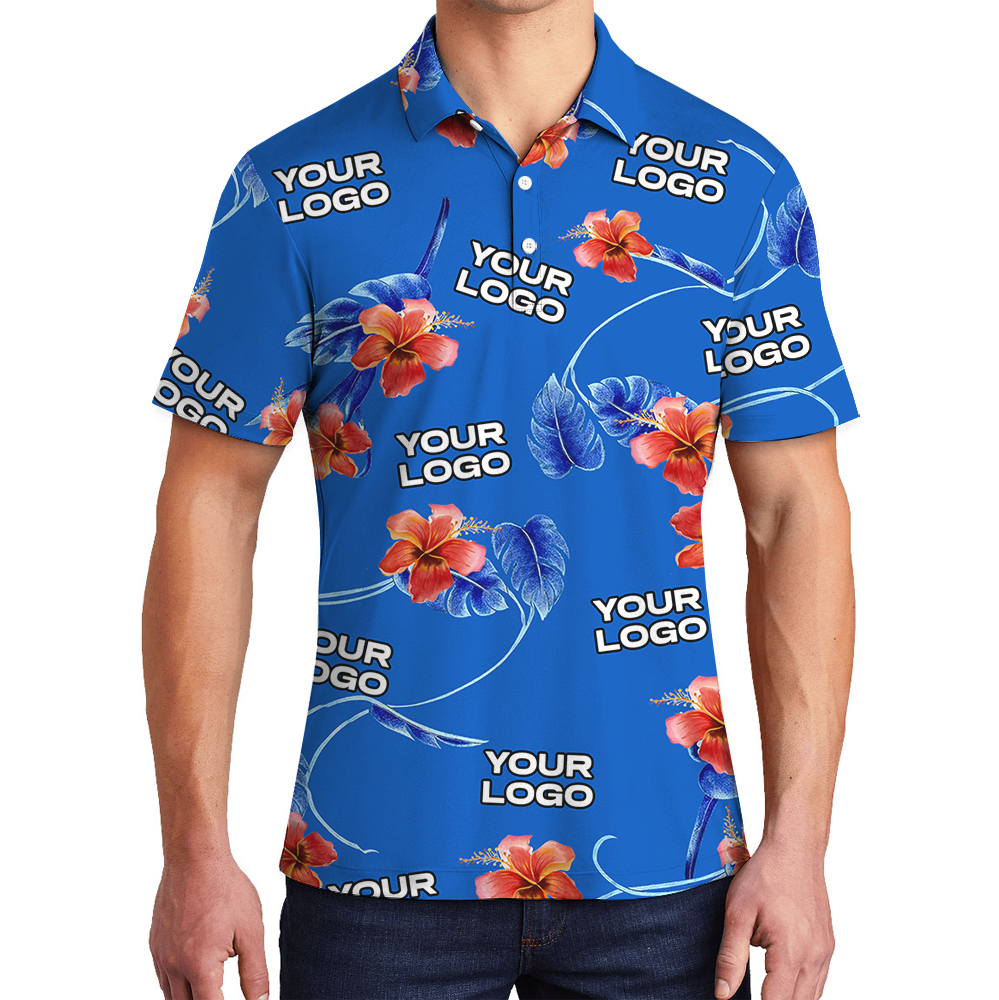 Blue Custom Logo Red Hibiscus Polo Shirt - variant image 1