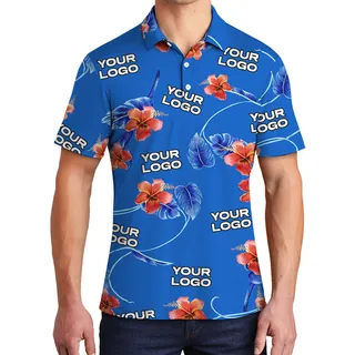Blue Custom Logo Red Hibiscus Polo Shirt