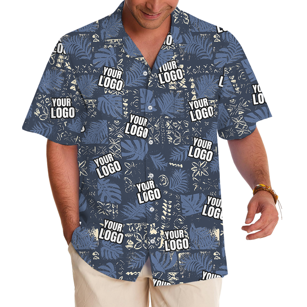 Custom Navy Monstera Leaf Patchwork Hawaiian Shirt With Logo - variant image 1