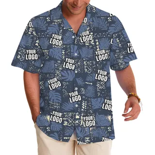 Custom Navy Monstera Leaf Patchwork Hawaiian Shirt With Logo
