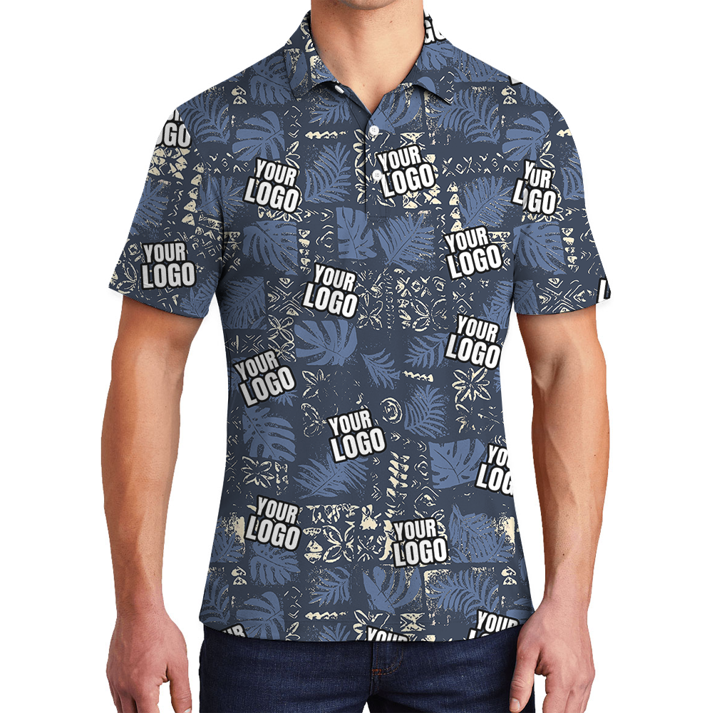 Custom Navy Monstera Leaf Patchwork Polo Shirt With Logo - variant image 1