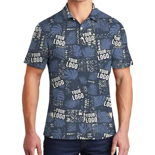 Custom Navy Monstera Leaf Patchwork Polo Shirt With Logo