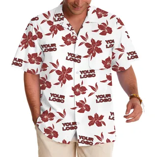 Custom Logo White Basic Red Hibiscus Hawaiian Shirt