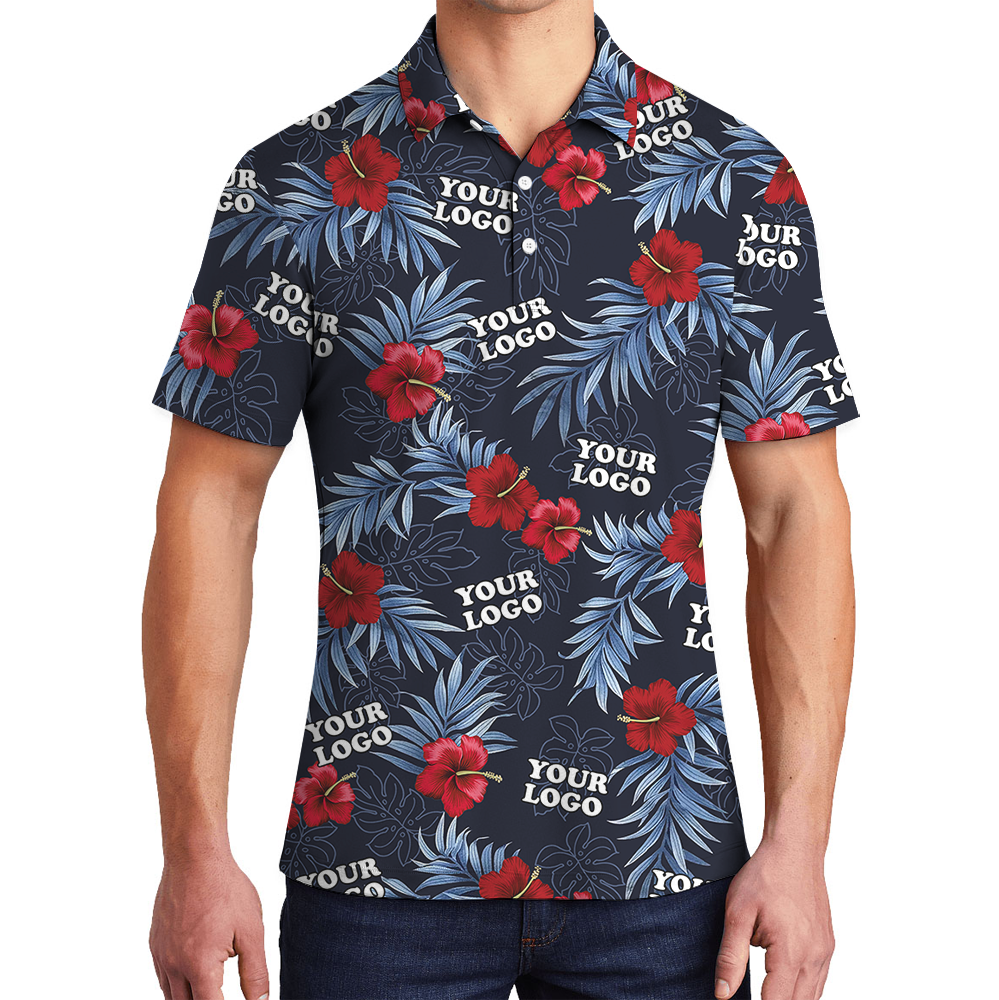 Custom Logo Navy and Red Hibiscus Polo Shirt - variant image 1