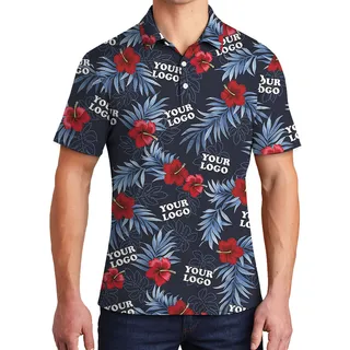 Custom Logo Navy and Red Hibiscus Polo Shirt