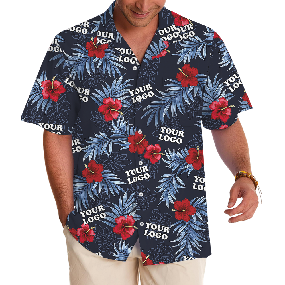 Custom Logo Navy and Red Hibiscus Hawaiian Shirt - variant image 1