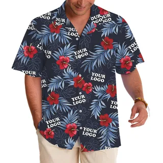Custom Logo Navy and Red Hibiscus Hawaiian Shirt