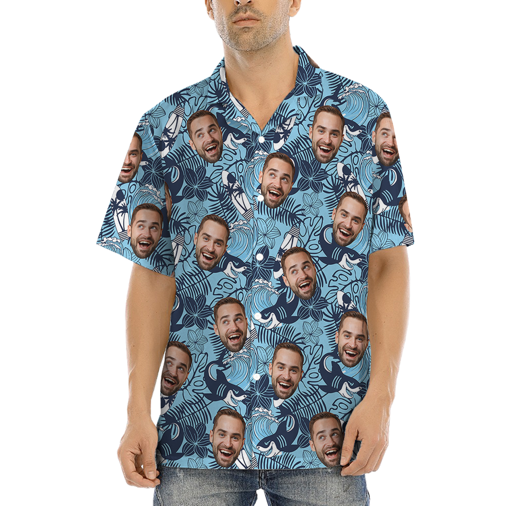 Blue Custom Face Tropical Pattern Hawaiian Shirt - variant image 1