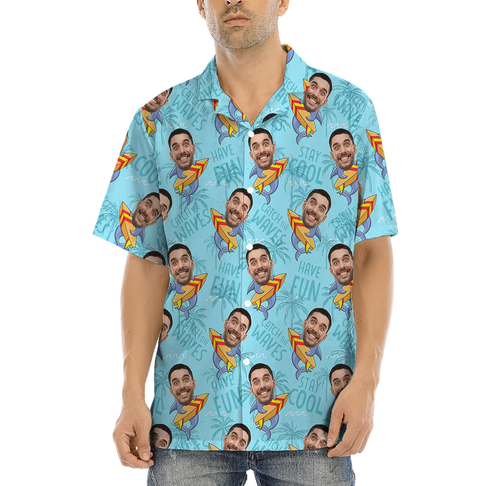 Blue Custom Logo and Face Surfboard Hawaiian Shirt - variant image 1
