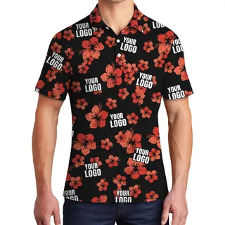 Vintage Custom Logo Black And Red Hibiscus Polo Shirt
