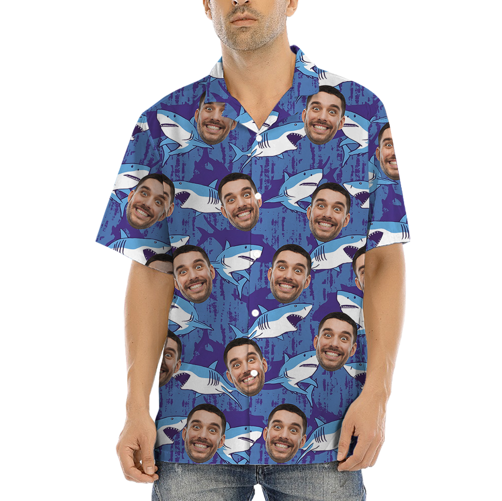 Blue Navy Shark Hawaiian Shirt With Custom Logo and Face - variant image 1