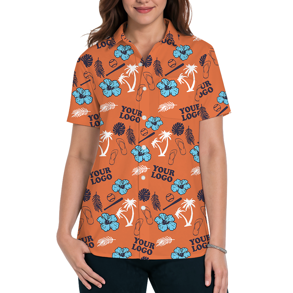 Custom Logo Orange Baseball Themed Hawaiian Shirt