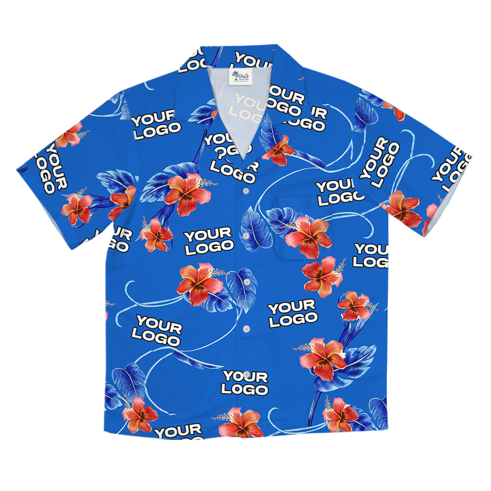 Blue Custom Logo Red Hibiscus Hawaiian Shirt