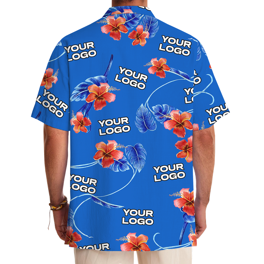 Blue Custom Logo Red Hibiscus Hawaiian Shirt