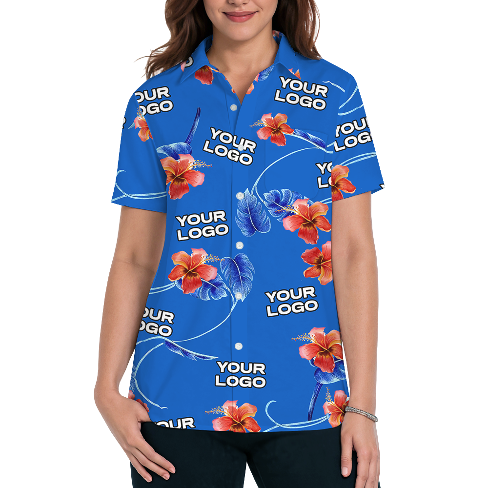 Blue Custom Logo Red Hibiscus Hawaiian Shirt