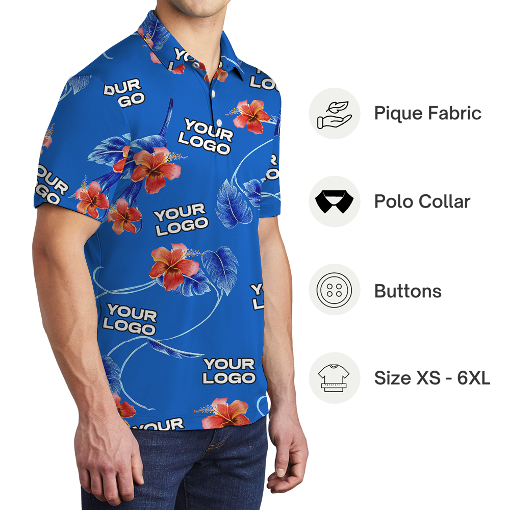 Blue Custom Logo Red Hibiscus Polo Shirt