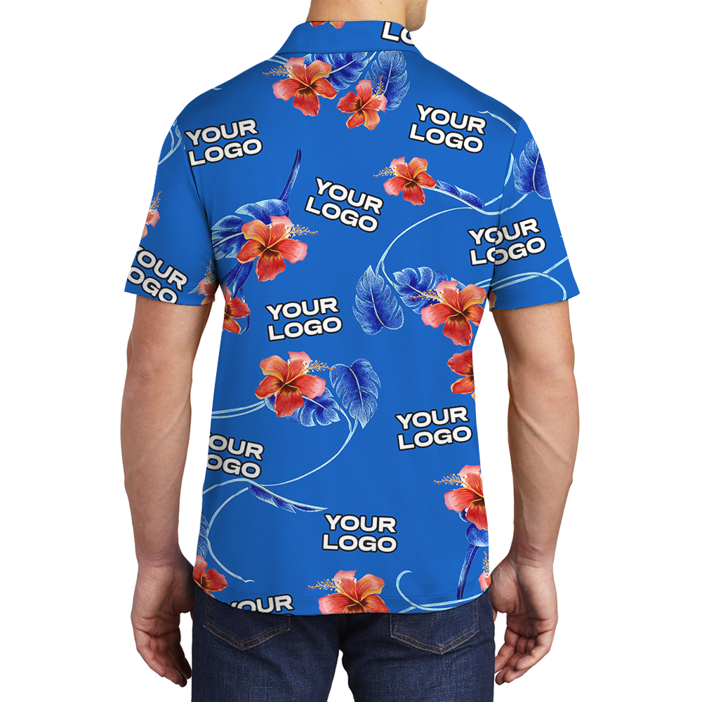 Blue Custom Logo Red Hibiscus Polo Shirt