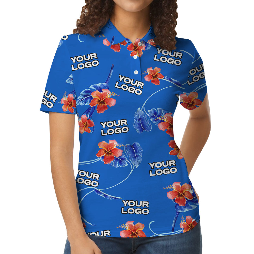 Blue Custom Logo Red Hibiscus Polo Shirt