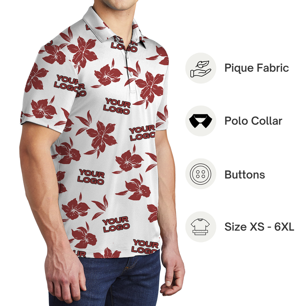 Custom Logo White Basic Red Hibiscus Polo Shirt