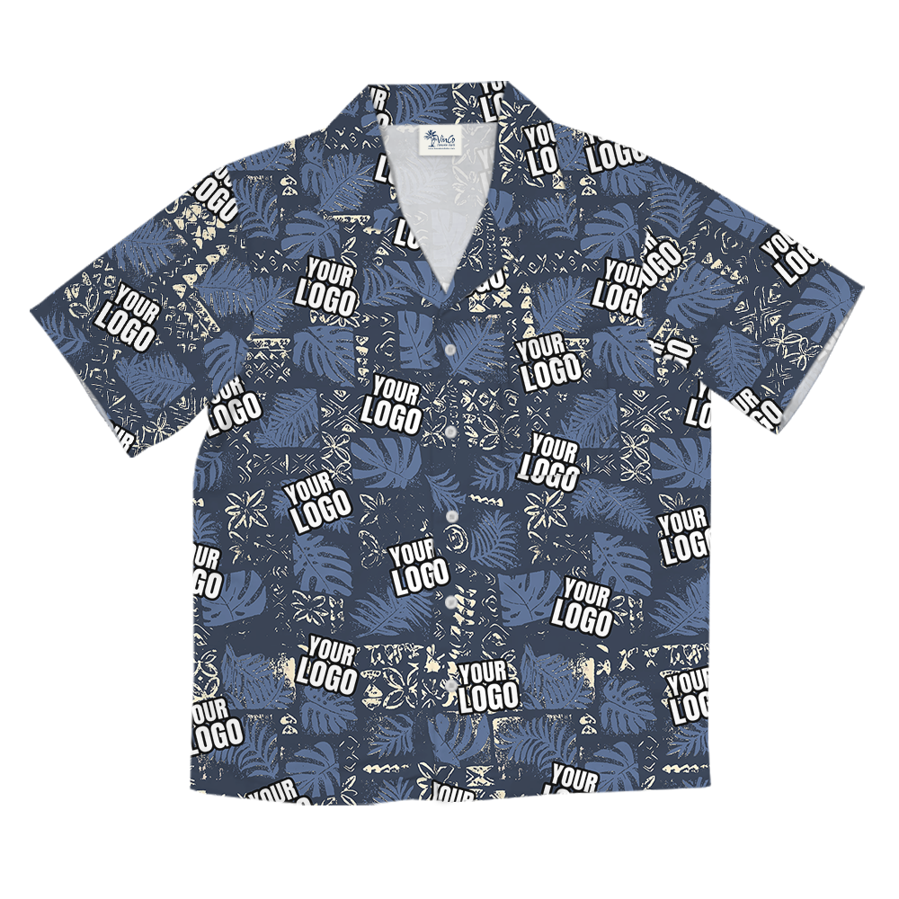 Custom Navy Monstera Leaf Patchwork Hawaiian Shirt With Logo