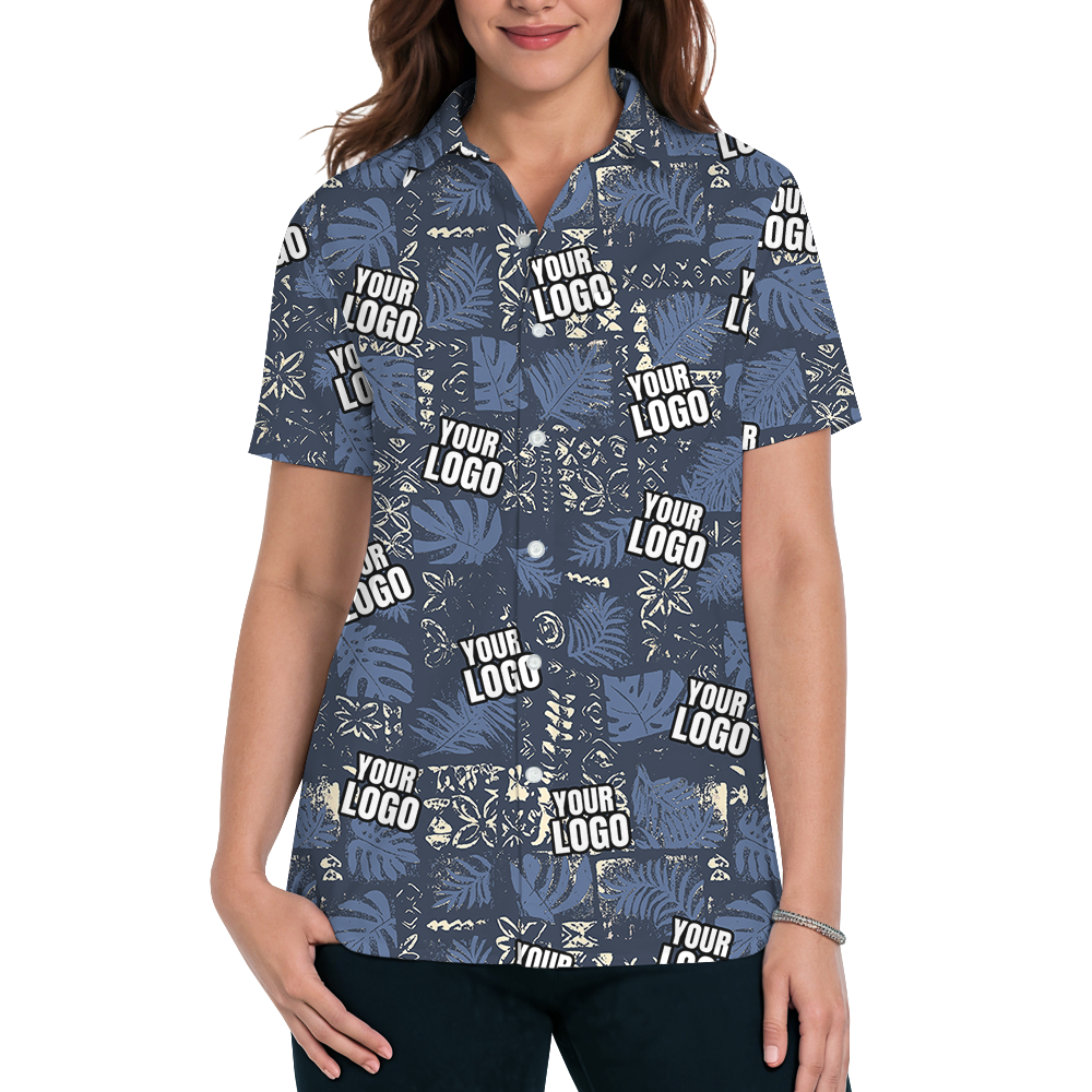 Custom Navy Monstera Leaf Patchwork Hawaiian Shirt With Logo