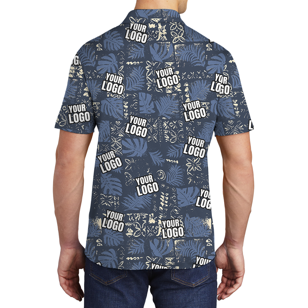 Custom Navy Monstera Leaf Patchwork Polo Shirt With Logo