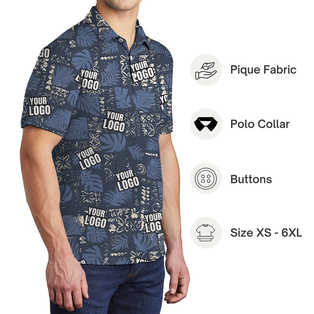 Custom Navy Monstera Leaf Patchwork Polo Shirt With Logo