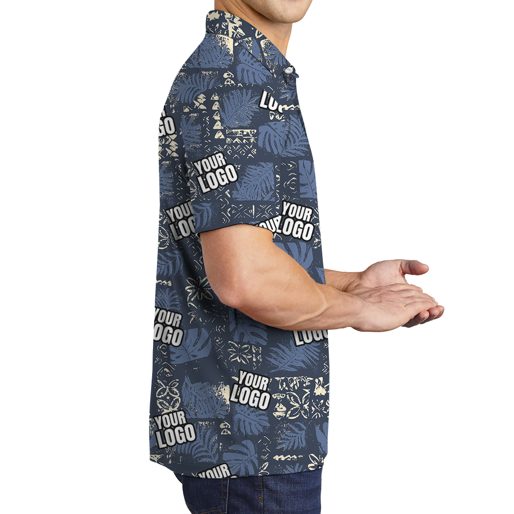 Custom Navy Monstera Leaf Patchwork Polo Shirt With Logo