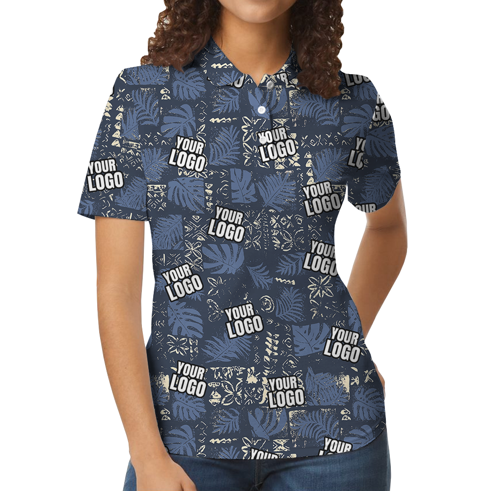 Custom Navy Monstera Leaf Patchwork Polo Shirt With Logo