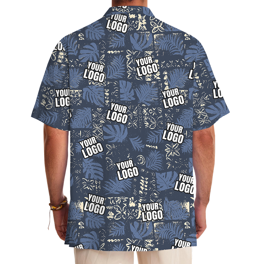 Custom Navy Monstera Leaf Patchwork Hawaiian Shirt With Logo