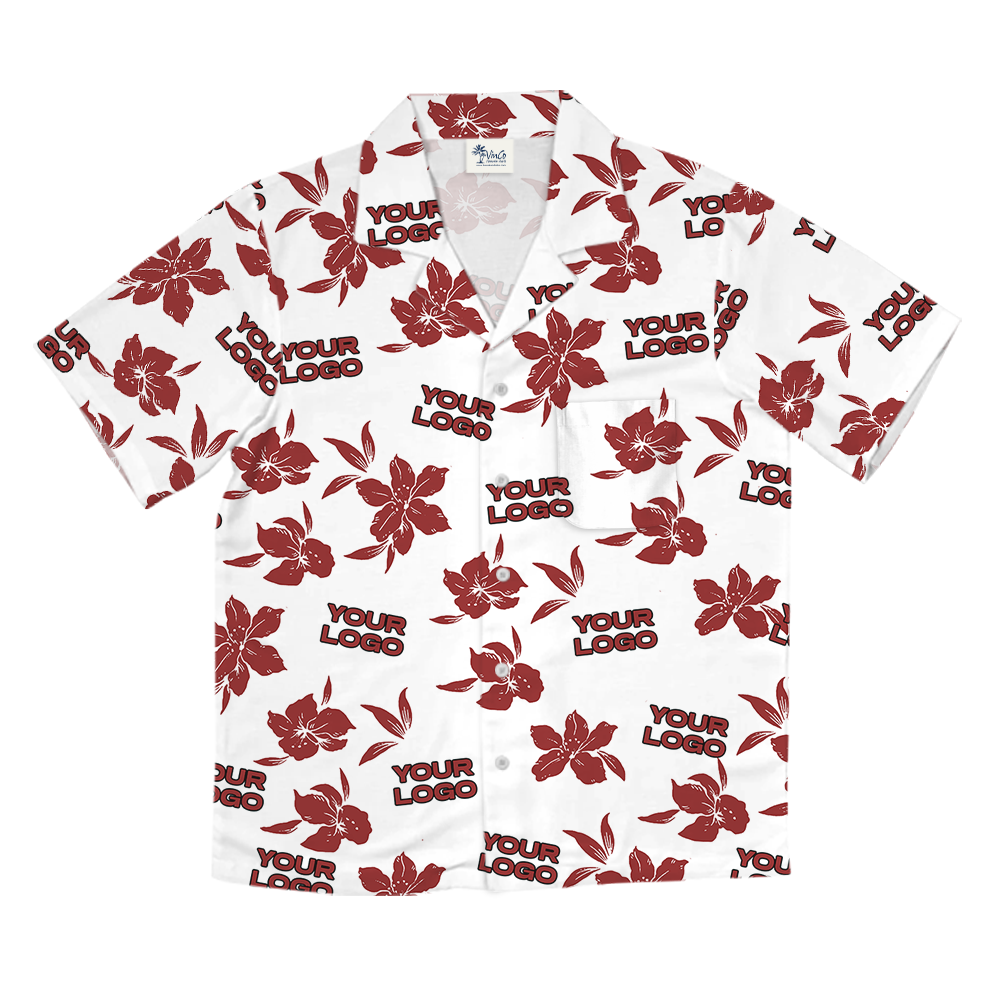 Custom Logo White Basic Red Hibiscus Hawaiian Shirt