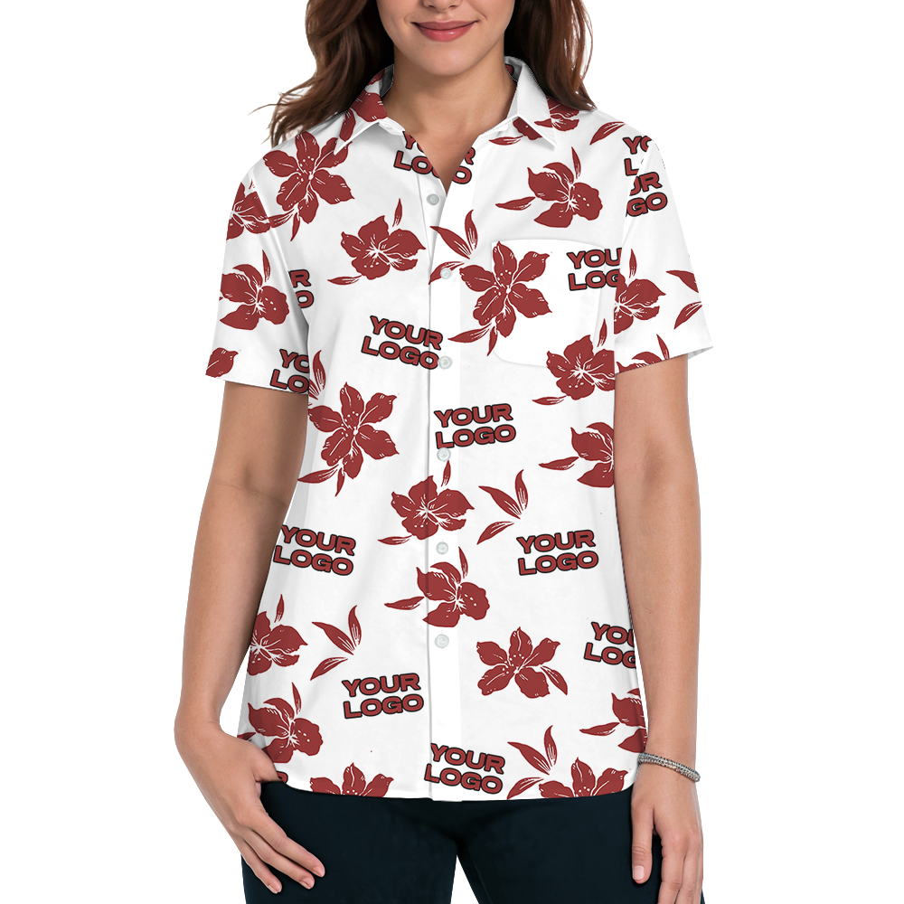 Custom Logo White Basic Red Hibiscus Hawaiian Shirt
