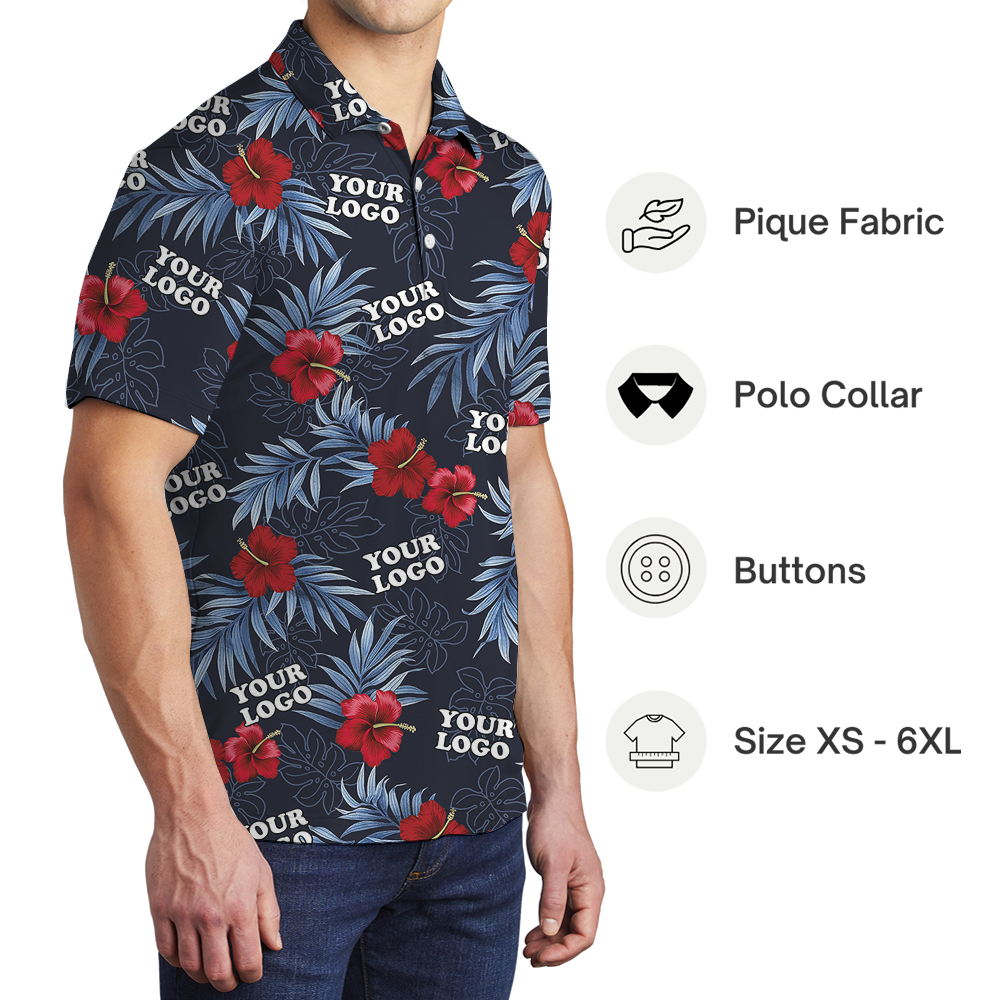 Custom Logo Navy and Red Hibiscus Polo Shirt