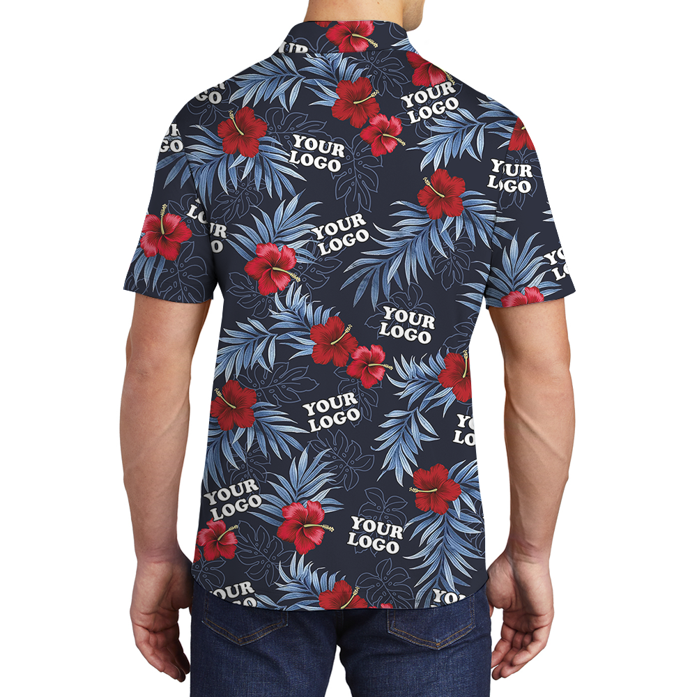 Custom Logo Navy and Red Hibiscus Polo Shirt