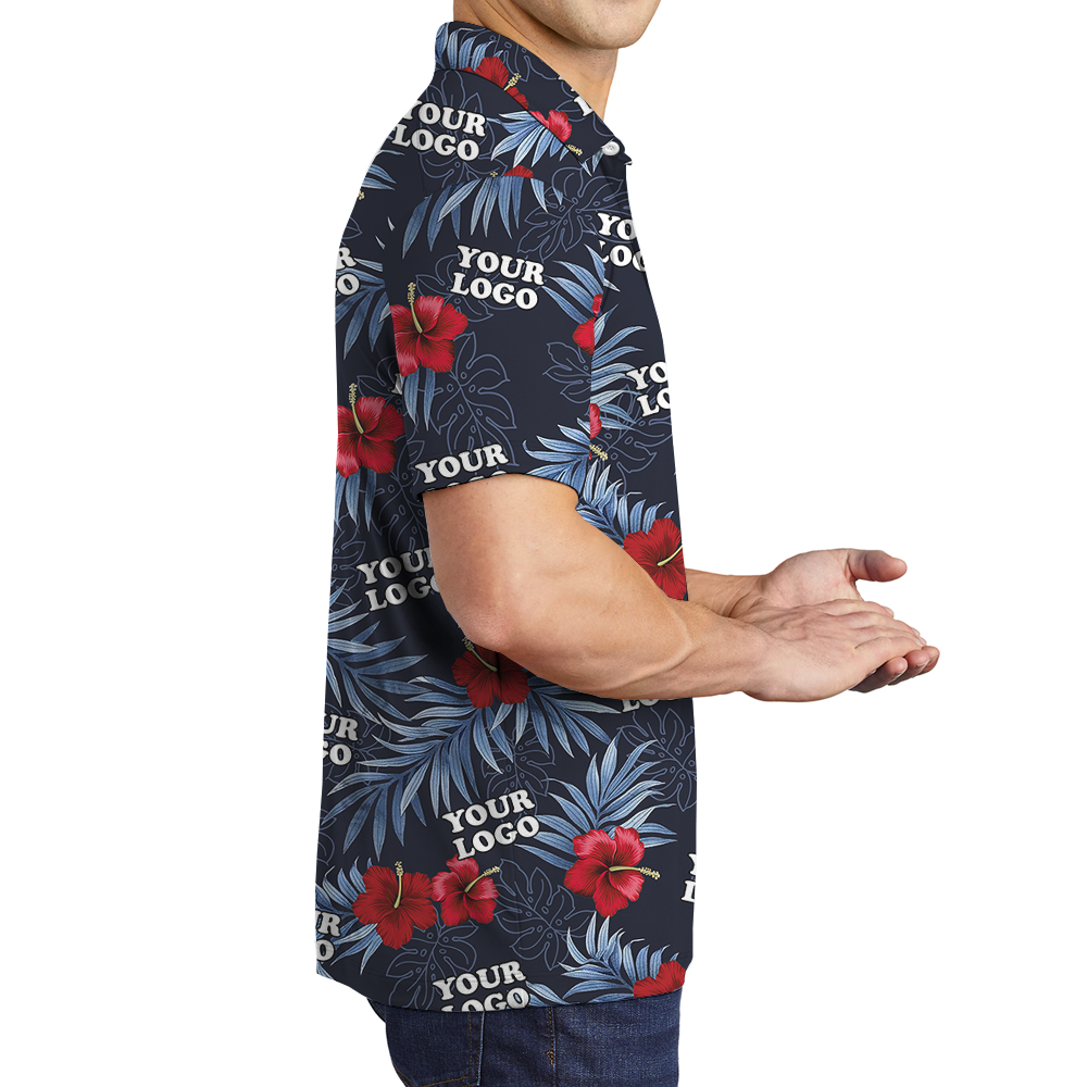 Custom Logo Navy and Red Hibiscus Polo Shirt