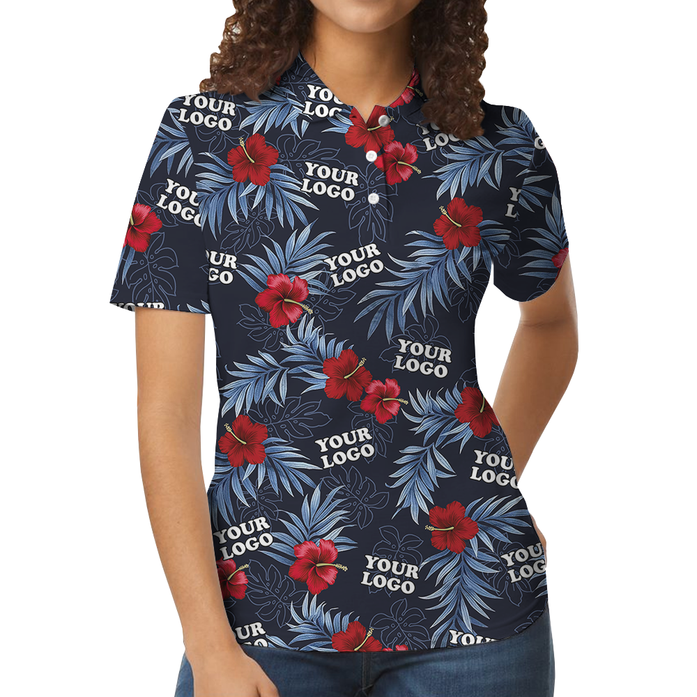 Custom Logo Navy and Red Hibiscus Polo Shirt